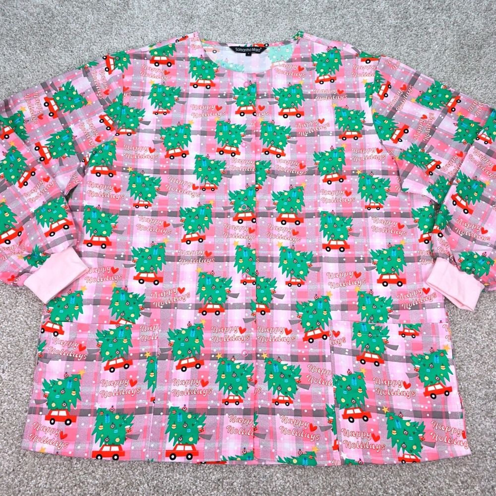 Samantha Mara Womens Pink Plaid Christmas Tree Scrub Jacket Large Happy Holidays